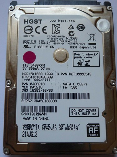 HGST HTS541010A9E680 MLC: DA5218 | P/N: 0J26213 | 21 AUG 13 | FW: 560 | 1TB