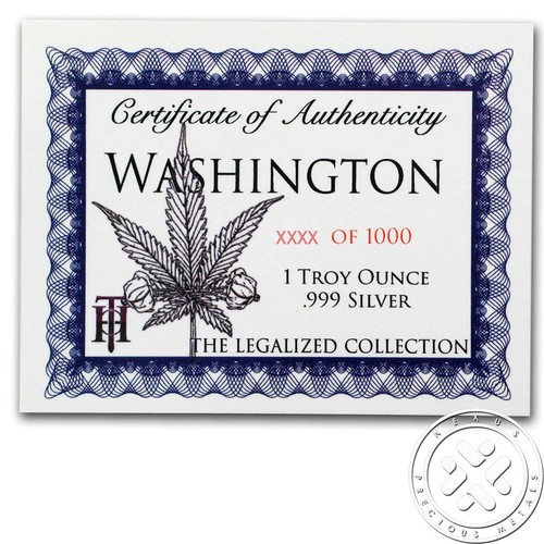 PENTOLA MARIJUANA CANNABIS LEGALIZZATA 1 OZ .999 MONETA ARGENTO PROOF COA #27 WASHINGTON - Foto 3 di 3