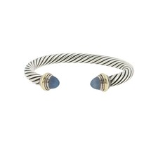 David Yurman 925 Silver & 14k Gold Blue Chalcedony Cable Bangle Bracelet S 6.5"