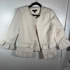 Ann Taylor Tweed Jacket Women Sz 12 Cream Ruffle Hem Open Front Blazer