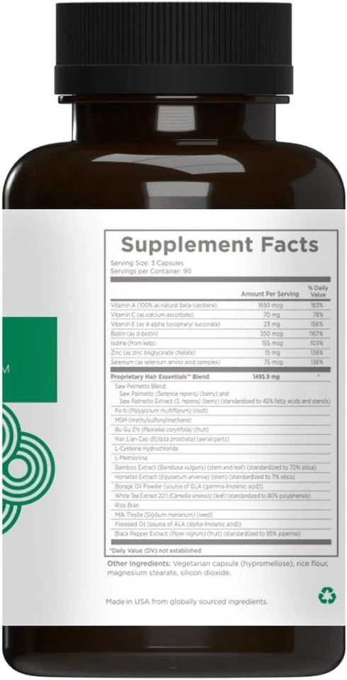 Natural Wellbeing Hair Essentials 270 cápsulas vegetales - biotina, palma enana americana, bambú Foto 3 de 4