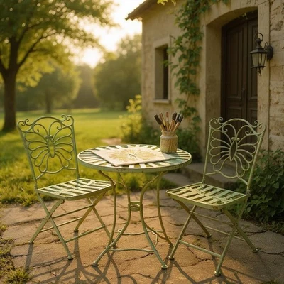 ACACIAHOME Green Metal 3-Piece Garden Bistro Set – Folding Table & Chairs for Outdoor Patio