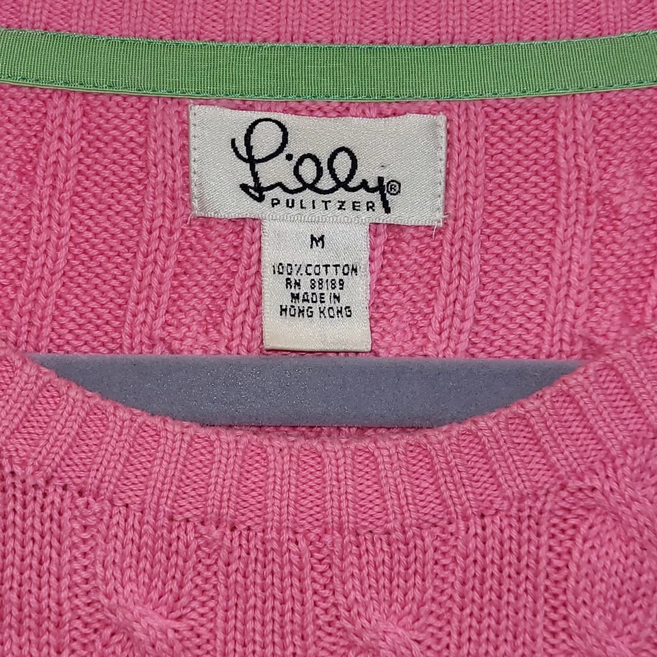 Suéter tejido con cable rosa Lilly Pulitzer mediano logotipo de palmera algodón cuello redondo Foto 2 de 4