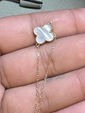 14k Yellow Gold Mother Pearl Abalone Clover Leaf Bracelet Adjustable 10mm