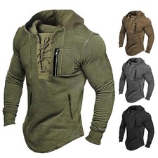 Solid Color Hooded Pullover with Drawstring and Zippered Pockets for Men