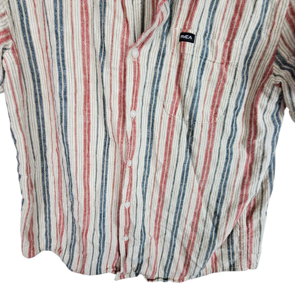 Camisa RVCA Abotonada RVCA Mezcla de Lino Camisa Hombres L Rosa Rayas Camisa Hombres Tejida Foto 3 de 4