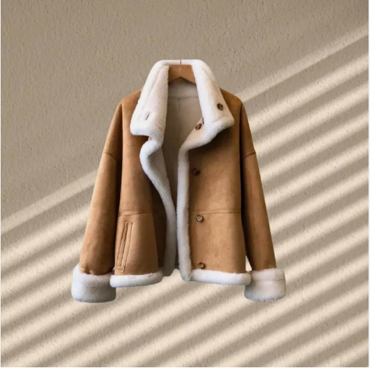 Women’s Shearling Suede Jacket | Camel Brown Coat with Soft White Fur Lining |