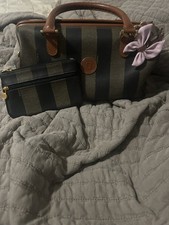 Fendi Striped Satchel Bag Brown Black Gold Hardware Detachable Pouch Women