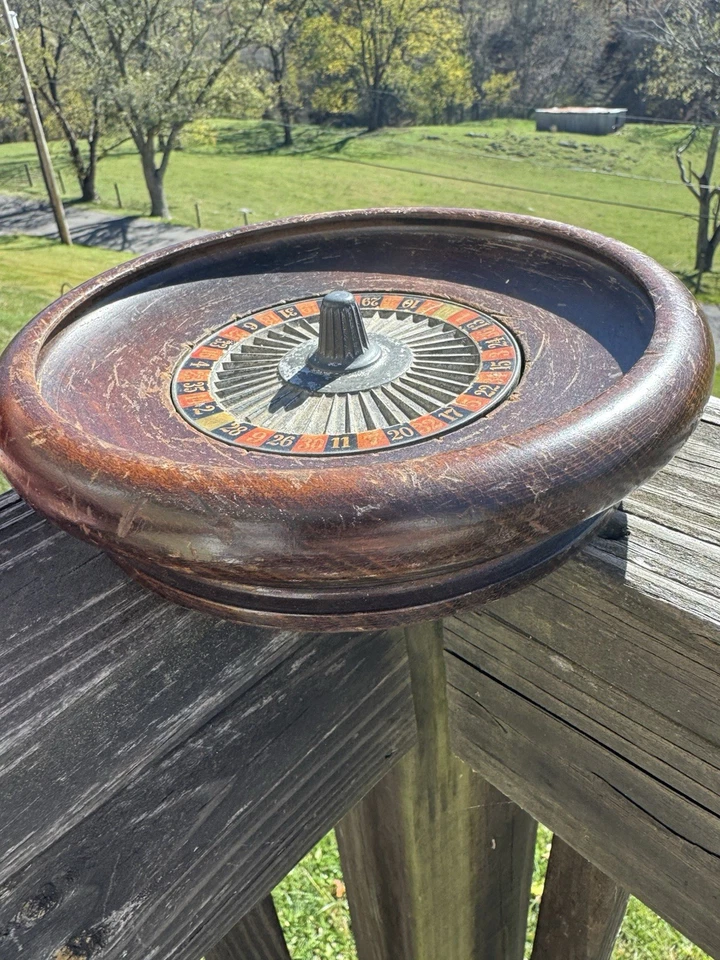 "Rueda de ruleta de madera vintage de mediados de siglo giratoria de metal juego de casino de 9""" Foto 3 de 4