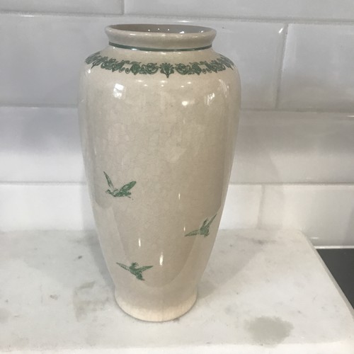 Vintage Cream And Green Transfer ware Vase Bird Motif Small Chip On Bottom Rim - Picture 2 of 9