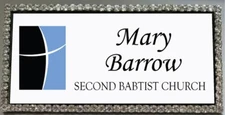 SECOND BAPTIST CHURCH WHITE GOLD SILVER BLING CRYSTAL CUSTOM NAME BADGE MAGNETIC