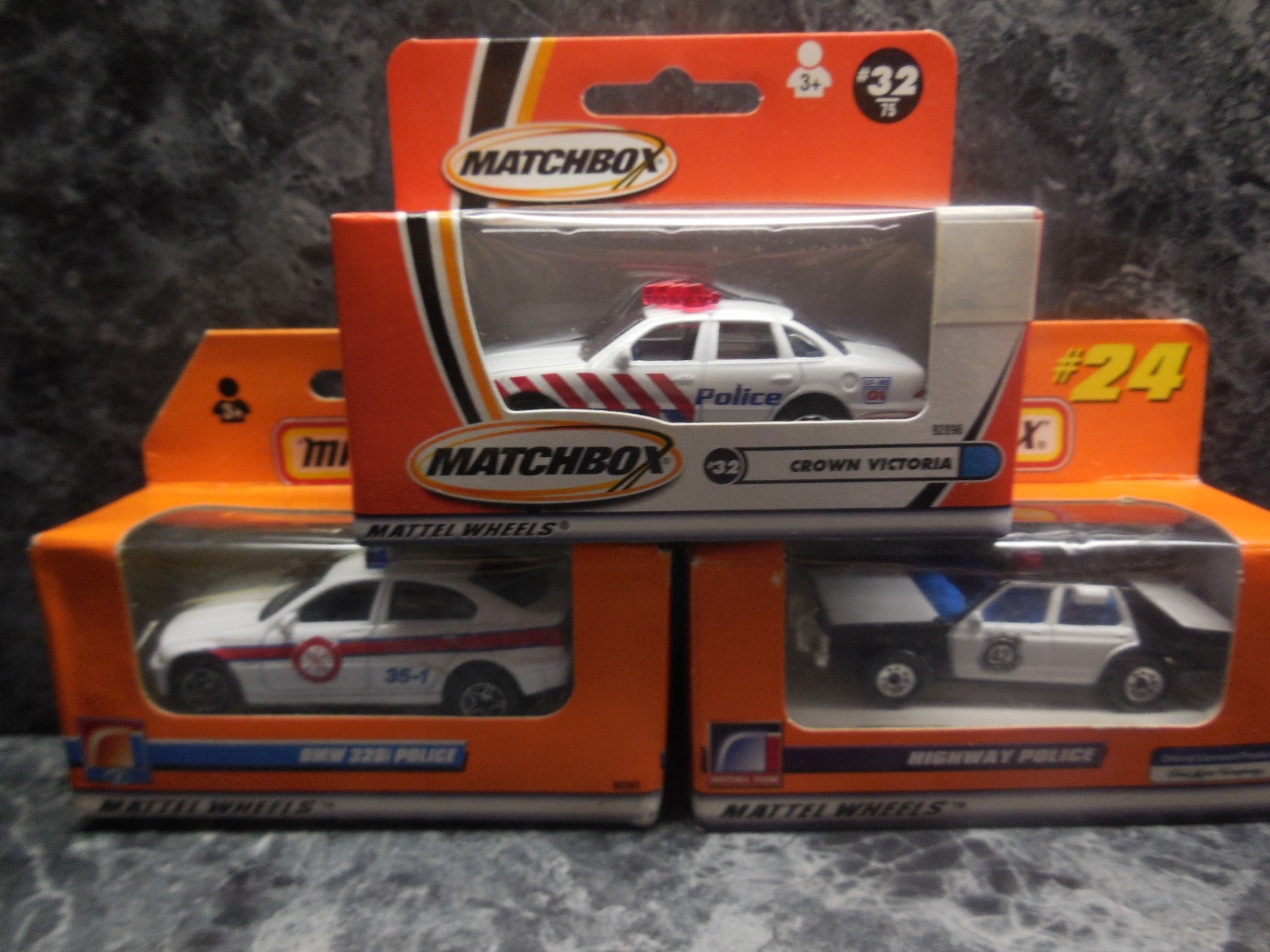 3 vintage matchbox police cars 98 ford/ 1999 bmw 328i/ 2000 crown