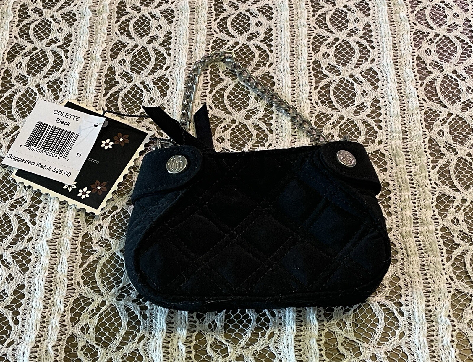 Vera Bradley Colette Crossbody Bag in Black with Silver Chain Strap