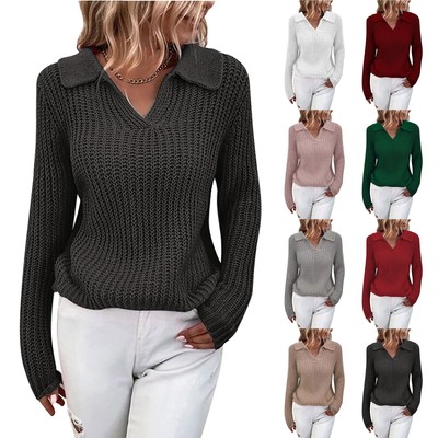 Women's Casual Pullover V-neck Long-sleeved Sweater Top