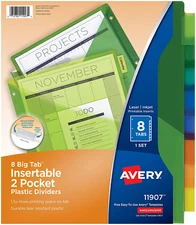 Avery 8-Tab Plastic Binder Dividers with Pockets, Insertable Multicolor Big Tabs