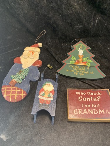 Vintage Wood Christmas Wall Decorations Sled Santa Stocking Tree Grandma Sign - Picture 12 of 13