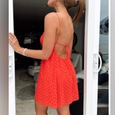 Show me your MUMU orange/red eyelet fit/flare strappy Mini Dress NWT size Medium