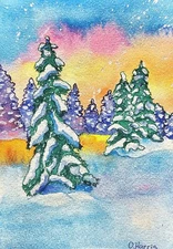 Forest Sunset Watercolor Painting Original Winter Forest Christmas Painting