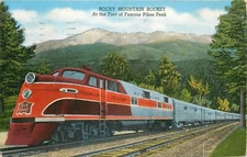 1947 Rocky Mountain Rocket, Rock Island Railroad Train at Pike's Peak Postcard