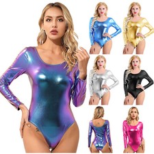 Womens High Cut Slim Bodysuit Long Sleeve Swimsuit Shiny Thong Leotard Dancewear
