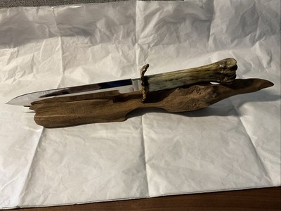 Tucker Custom Giraffe Bone Handle 8.75  Doubled Edge Blade knife/driftwood Stand