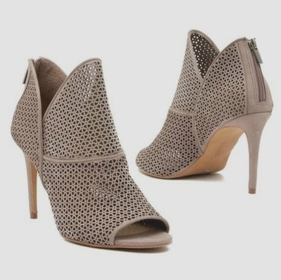 Vince Camuto Size 7 Vatena Laser Cut Open Toe Heel In Mesa Taupe Nubuck Suede