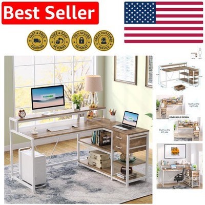 L-Shaped Desk with Drawers & Monitor Stand   Stylish Corner Workspace 55''x43''