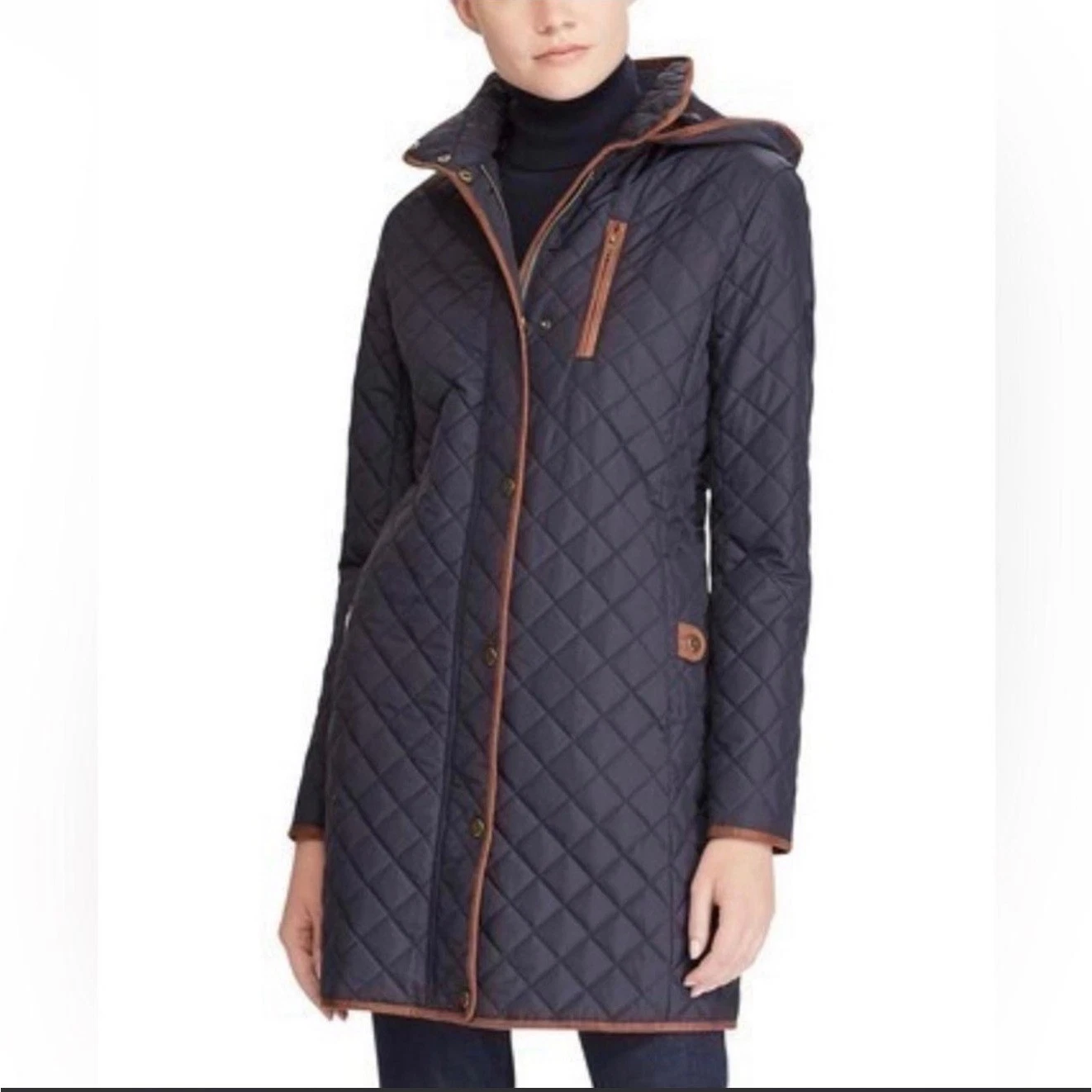 Ralph Lauren Equestrian Navy Quilted Hooded Coat Faux Leather Trim Womens M