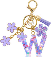Resin Alphabet Initial Letter Keychain Tassel Flower Pendant Key Ring for Purse