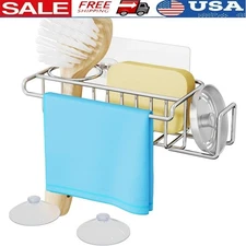 Stainless Steel Sink Sponge Holder Organizer W/ Adhesive Hooks Suction Cups New