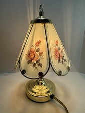 11 Brass Tone Touch Lamp 6 Panel Rose Peach Floral 3 Way Touch Tested Works