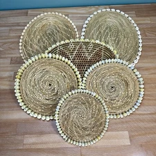 VTG 6 Raffia Straw Wicker Rattan SHELLS Trivet Hot Pad Wall Decor Boho Coastal