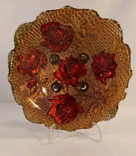 Antique Goofus Glass Intaglio Reverse Painted Red & Gold Roses Footed Bowl-9"