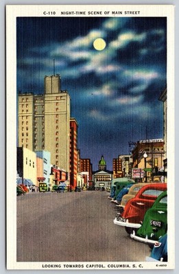 Columbia SC Main Street Night Scene Capitol Moonlight Linen Postcard AA556