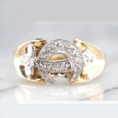 Round Cut Lab-Created Diamond Shriner Symbol Ring 14K Yellow Gold Finish