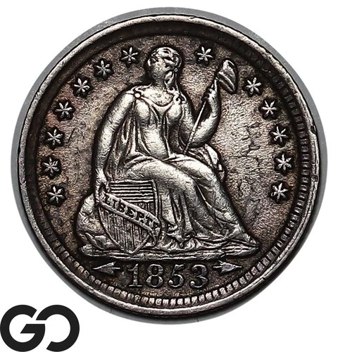 1853 Seated Liberty Half Dime, Arrows, Choice AU+ Collector Type Coin