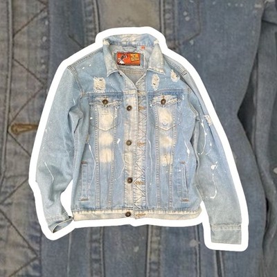 Vintage Rolling Paper Denim Jacket Light Wash Distressed Paint Splatter Retro S