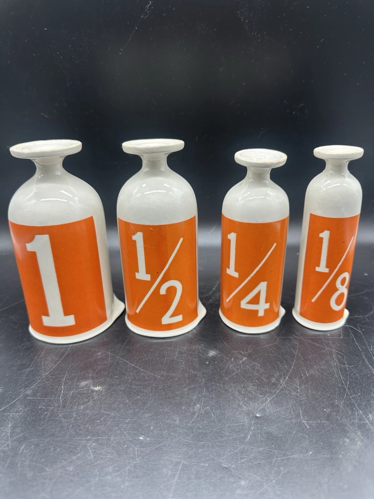 Measuring Cups Ceramic- Pedestal White And Orange Vintage
