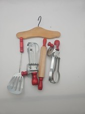4 LOT VTG Collectible Red Wood Handle Mini Kitchen Utensil Toys Spatula Spoon