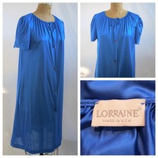 vtg LORRAINE Electric Blue Antron III Nylon Silky Button Front Short Robe S USA