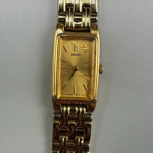 Vintage Seiko Watch Women Gold Tone Slim Rectangle Dial New Battery 6.25 Inch