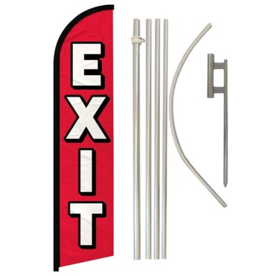Exit Windless Full Curve Advertising Exit Banner Flag & Pole Kit (Red)