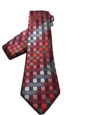Men's Brand Q Microfiber Tie Necktie & Pocket Square Red Gray Tones Checkered