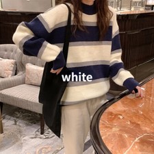 Lady Striped Sweater Knit Jumper Tops Pullover Knitwear Thick Baggy Preppy Daily