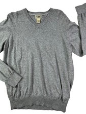 LL Bean Mens Sweater Gray Knit Cashmere Cotton Blend V Neck Casual Academia