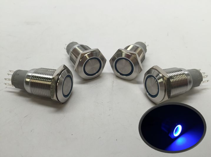 Interruptor Pulsador Metal 16mm LED Azul - 12V, Momentáneo, Para Coche Interruptor Pulsador LED