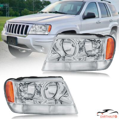2PCS Chrome Headlights For 1999-2004 Jeep Grand Cherokee Clear Lamps New