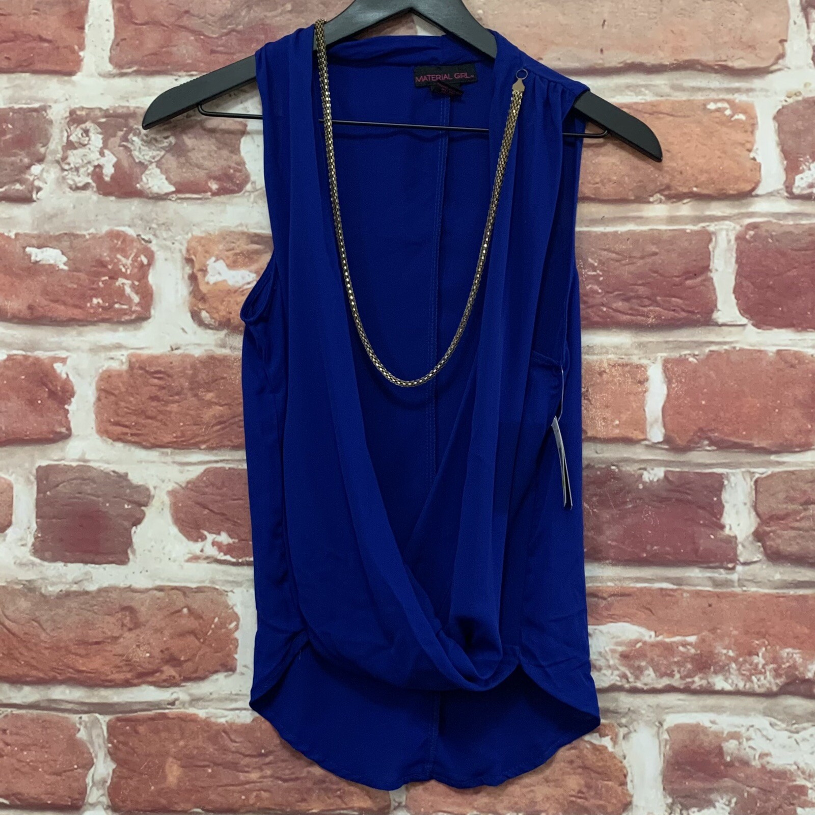 Material Girl Top Womens Medium Blue Drape Gold Colored Chain Layering Blouse