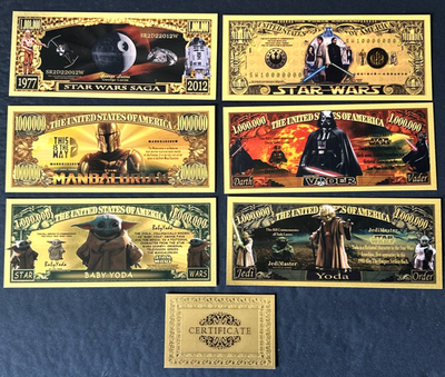 RARE Star Wars Commemorative $1 M 6 Pc Set 24k Gold Foil Banknote