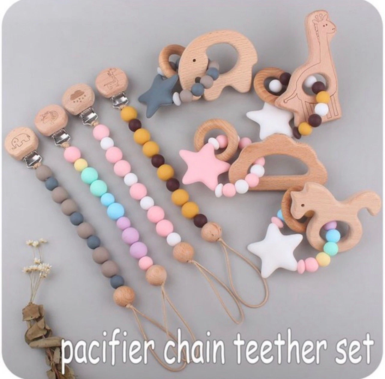 4 Complete Sets Of Wooden Silicone Teething Toy With Pacifier Clip BPA free
Opens in a new window or